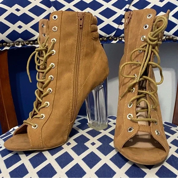 Light brown wheat lace up ankle high open toe clear heel booties size 9.5 - Picture 3 of 8